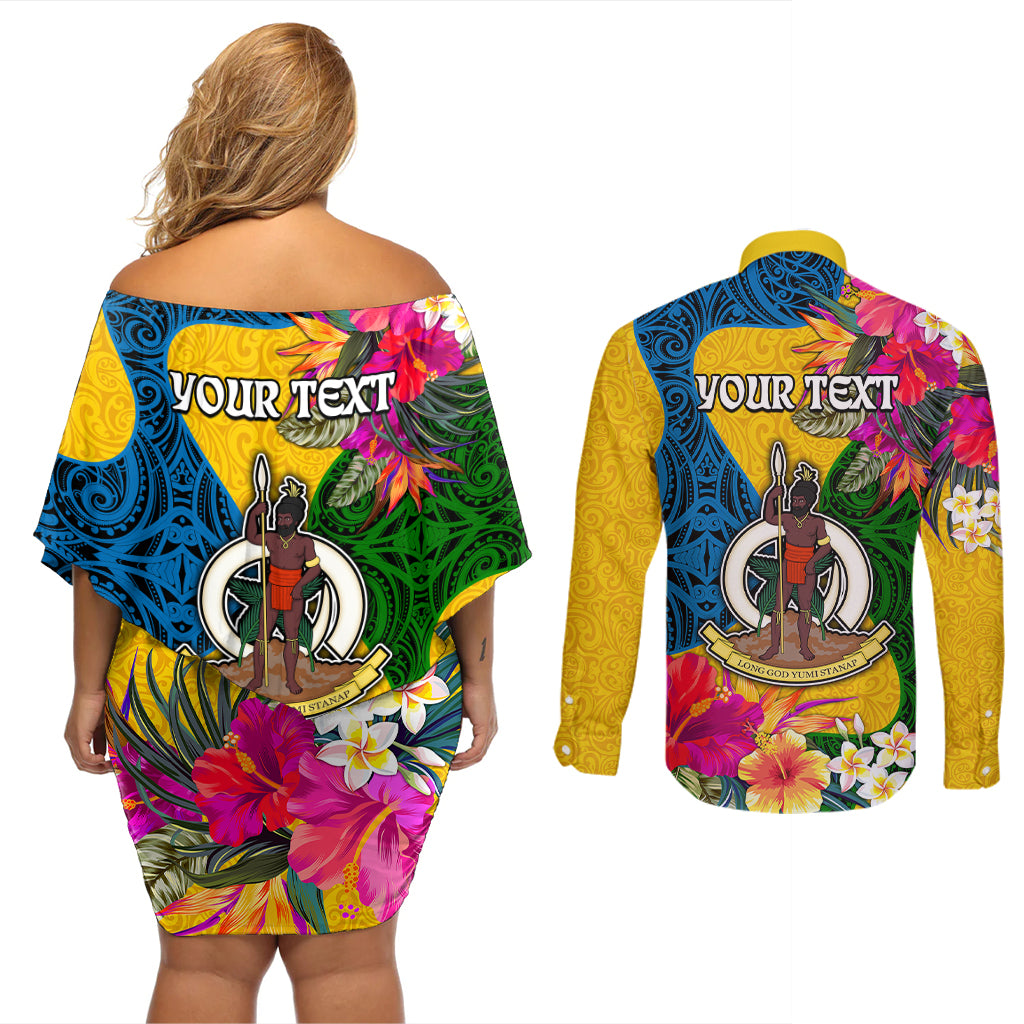 Personalised Malampa Day Couples Matching Off Shoulder Short Dress and Long Sleeve Button Shirts Proud To Be A Ni-Van Beauty Pacific Flower LT03 - Polynesian Pride