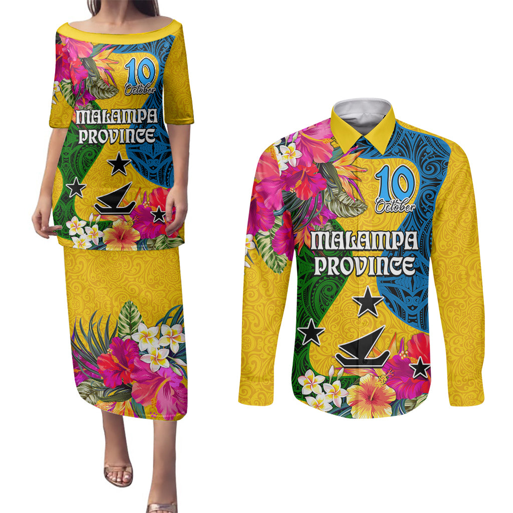 Personalised Malampa Day Couples Matching Puletasi Dress and Long Sleeve Button Shirts Proud To Be A Ni-Van Beauty Pacific Flower LT03 Yellow - Polynesian Pride