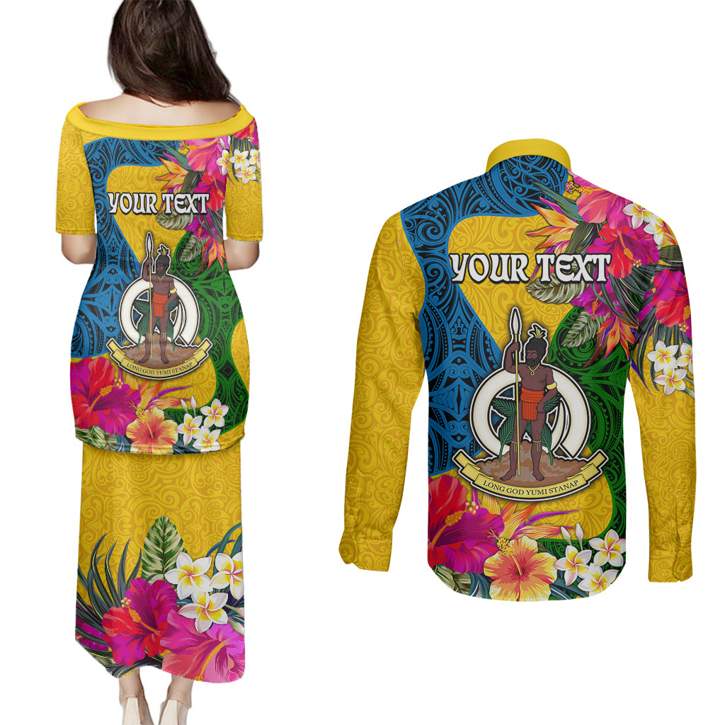 Personalised Malampa Day Couples Matching Puletasi Dress and Long Sleeve Button Shirts Proud To Be A Ni-Van Beauty Pacific Flower LT03 - Polynesian Pride