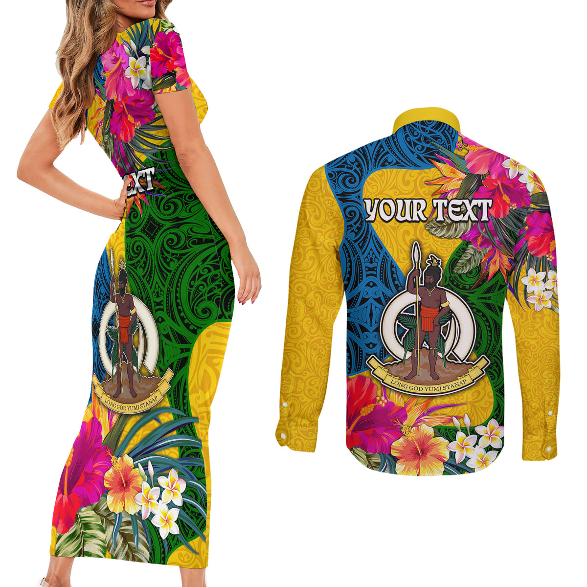 Personalised Malampa Day Couples Matching Short Sleeve Bodycon Dress and Long Sleeve Button Shirts Proud To Be A Ni-Van Beauty Pacific Flower LT03 - Polynesian Pride