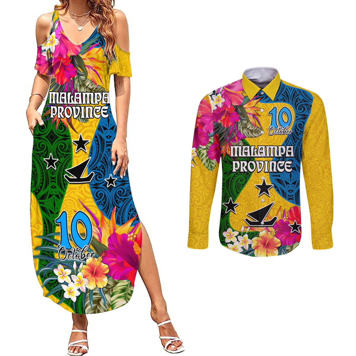 Personalised Malampa Day Couples Matching Summer Maxi Dress and Long Sleeve Button Shirts Proud To Be A Ni-Van Beauty Pacific Flower LT03 Yellow - Polynesian Pride