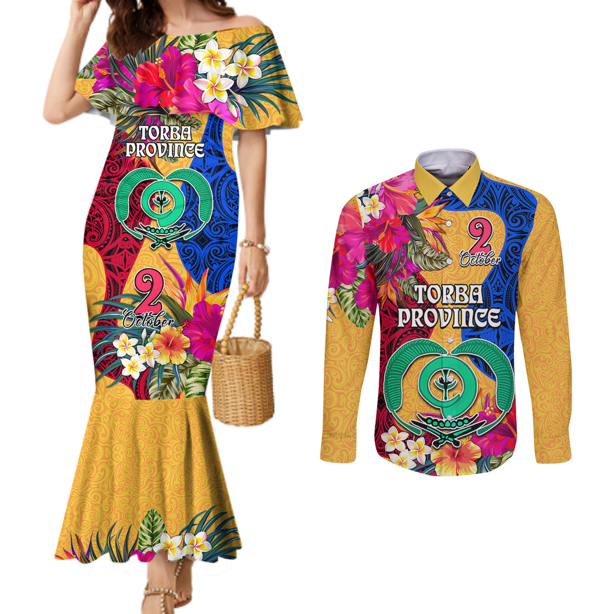 Torba Day Couples Matching Mermaid Dress and Long Sleeve Button Shirts Proud To Be A Ni-Van Beauty Pacific Flower LT03 Yellow - Polynesian Pride