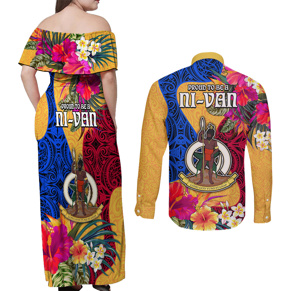 Torba Day Couples Matching Off Shoulder Maxi Dress and Long Sleeve Button Shirts Proud To Be A Ni-Van Beauty Pacific Flower LT03 - Polynesian Pride