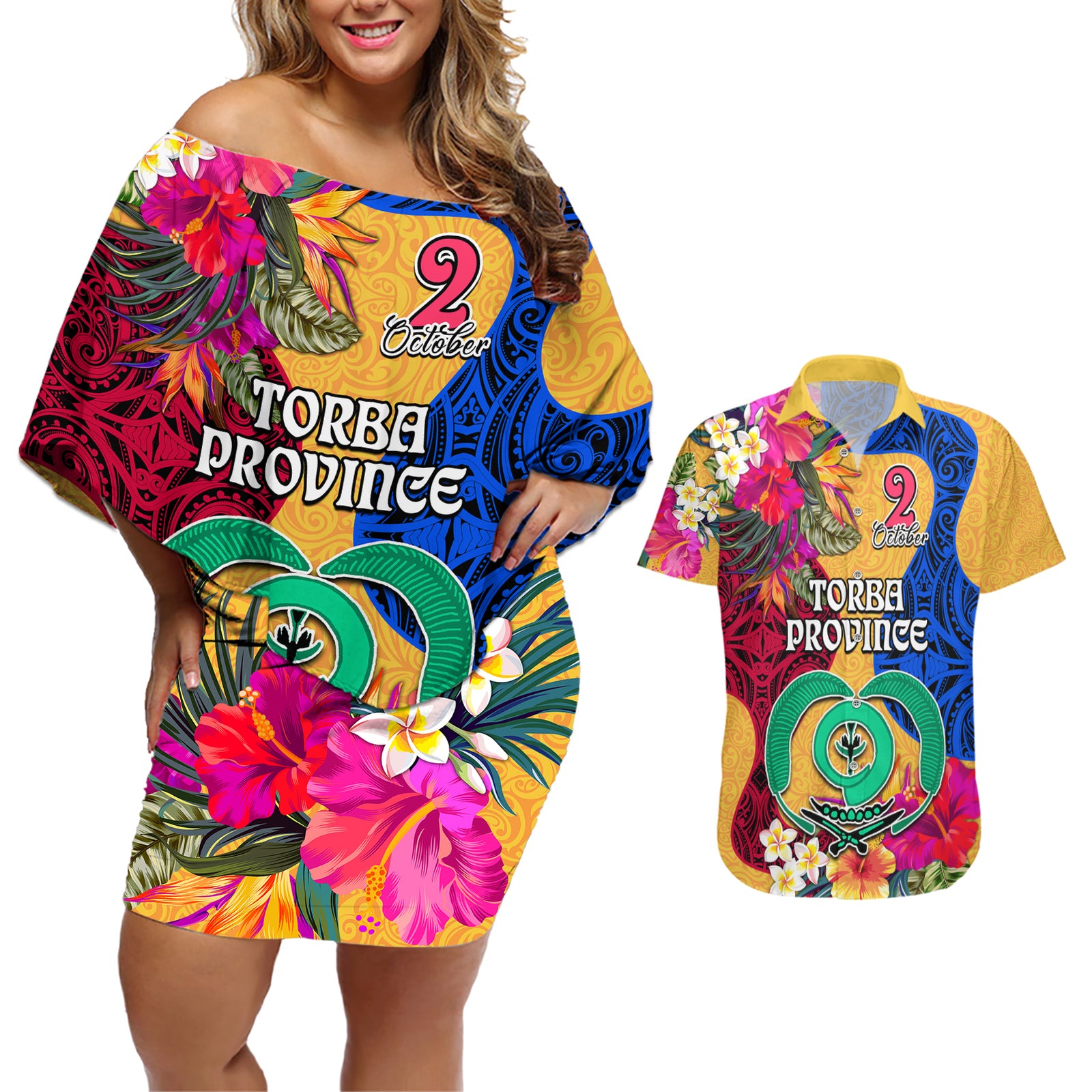 Torba Day Couples Matching Off Shoulder Short Dress and Hawaiian Shirt Proud To Be A Ni-Van Beauty Pacific Flower LT03 Yellow - Polynesian Pride