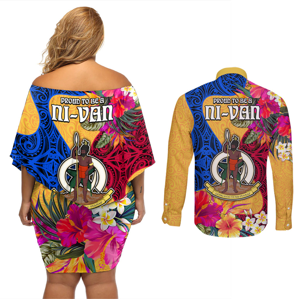 Torba Day Couples Matching Off Shoulder Short Dress and Long Sleeve Button Shirts Proud To Be A Ni-Van Beauty Pacific Flower LT03 - Polynesian Pride