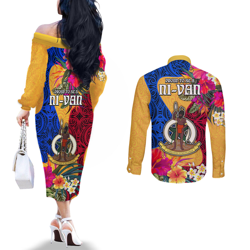 Torba Day Couples Matching Off The Shoulder Long Sleeve Dress and Long Sleeve Button Shirts Proud To Be A Ni-Van Beauty Pacific Flower LT03 - Polynesian Pride