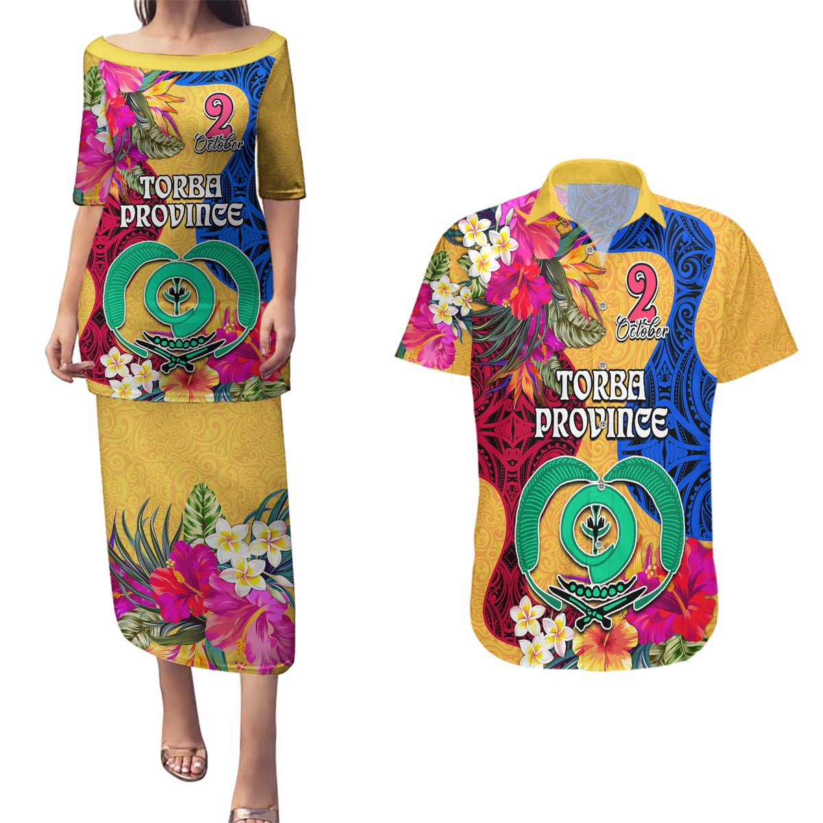 Torba Day Couples Matching Puletasi Dress and Hawaiian Shirt Proud To Be A Ni-Van Beauty Pacific Flower LT03 Yellow - Polynesian Pride