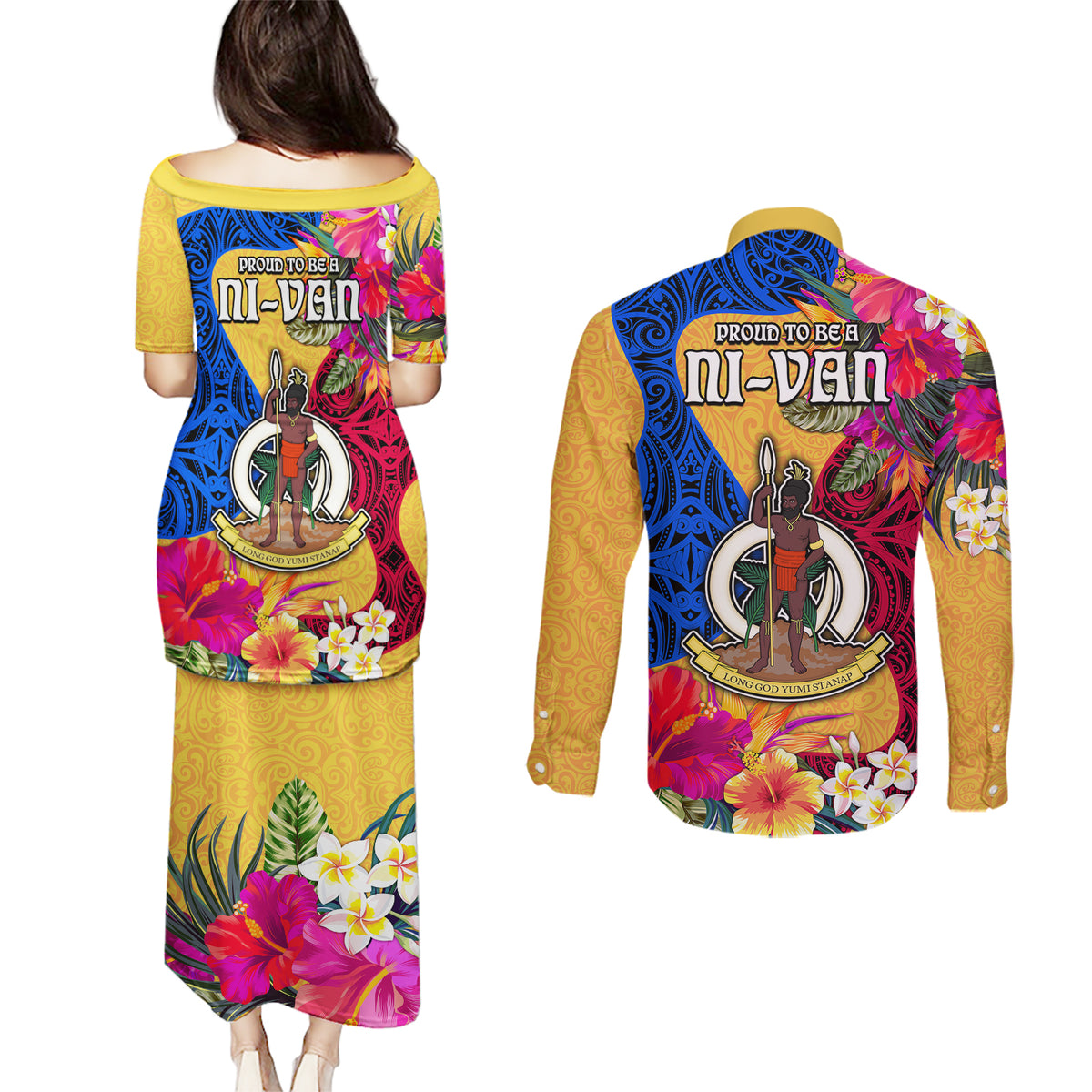 Torba Day Couples Matching Puletasi Dress and Long Sleeve Button Shirts Proud To Be A Ni-Van Beauty Pacific Flower LT03 - Polynesian Pride