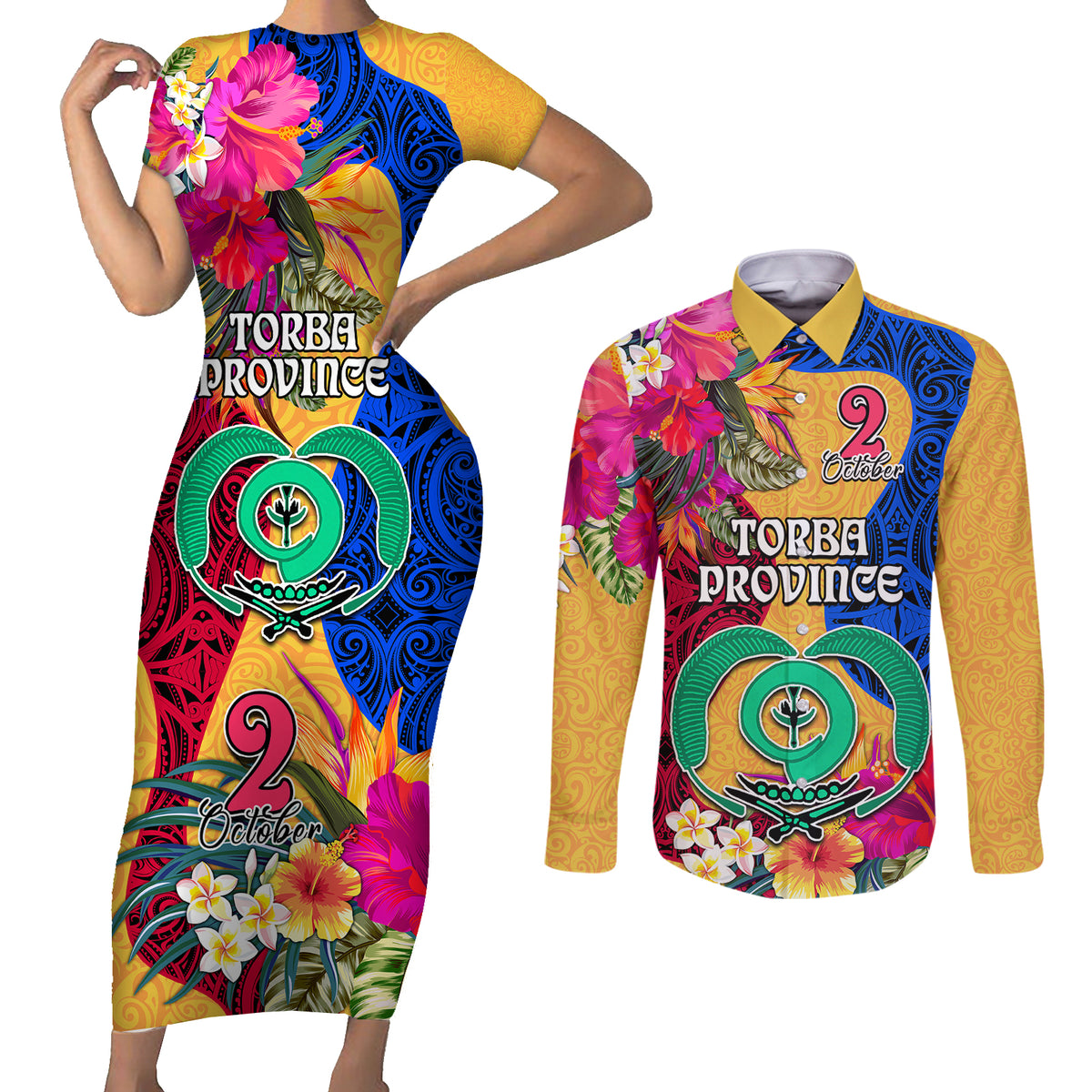 Torba Day Couples Matching Short Sleeve Bodycon Dress and Long Sleeve Button Shirts Proud To Be A Ni-Van Beauty Pacific Flower LT03 Yellow - Polynesian Pride