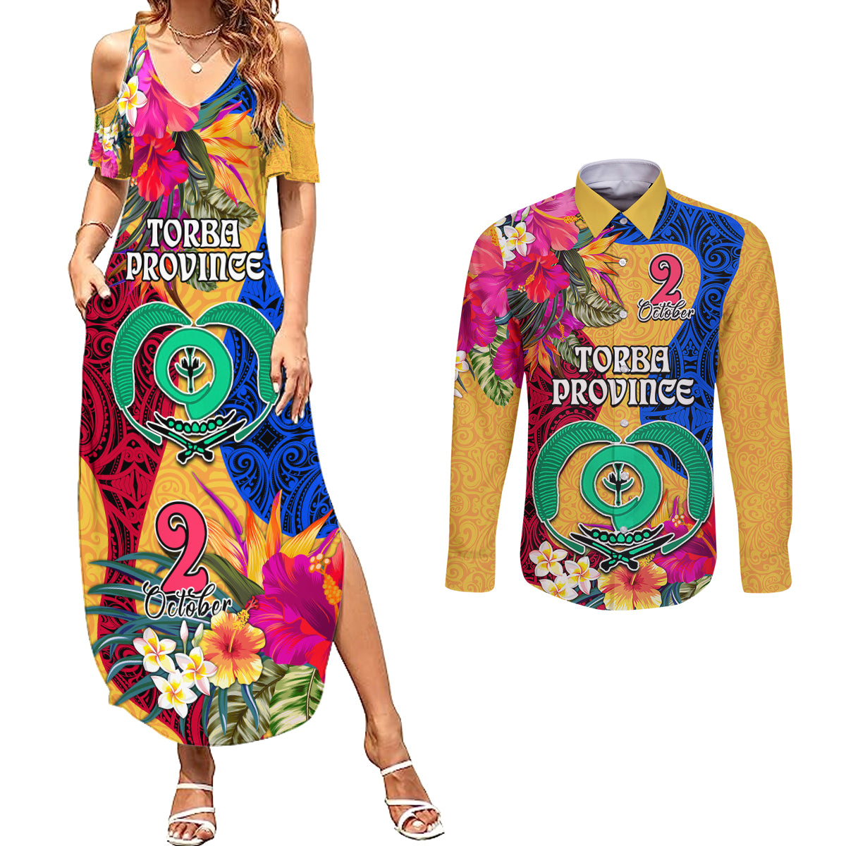 Torba Day Couples Matching Summer Maxi Dress and Long Sleeve Button Shirts Proud To Be A Ni-Van Beauty Pacific Flower LT03 Yellow - Polynesian Pride