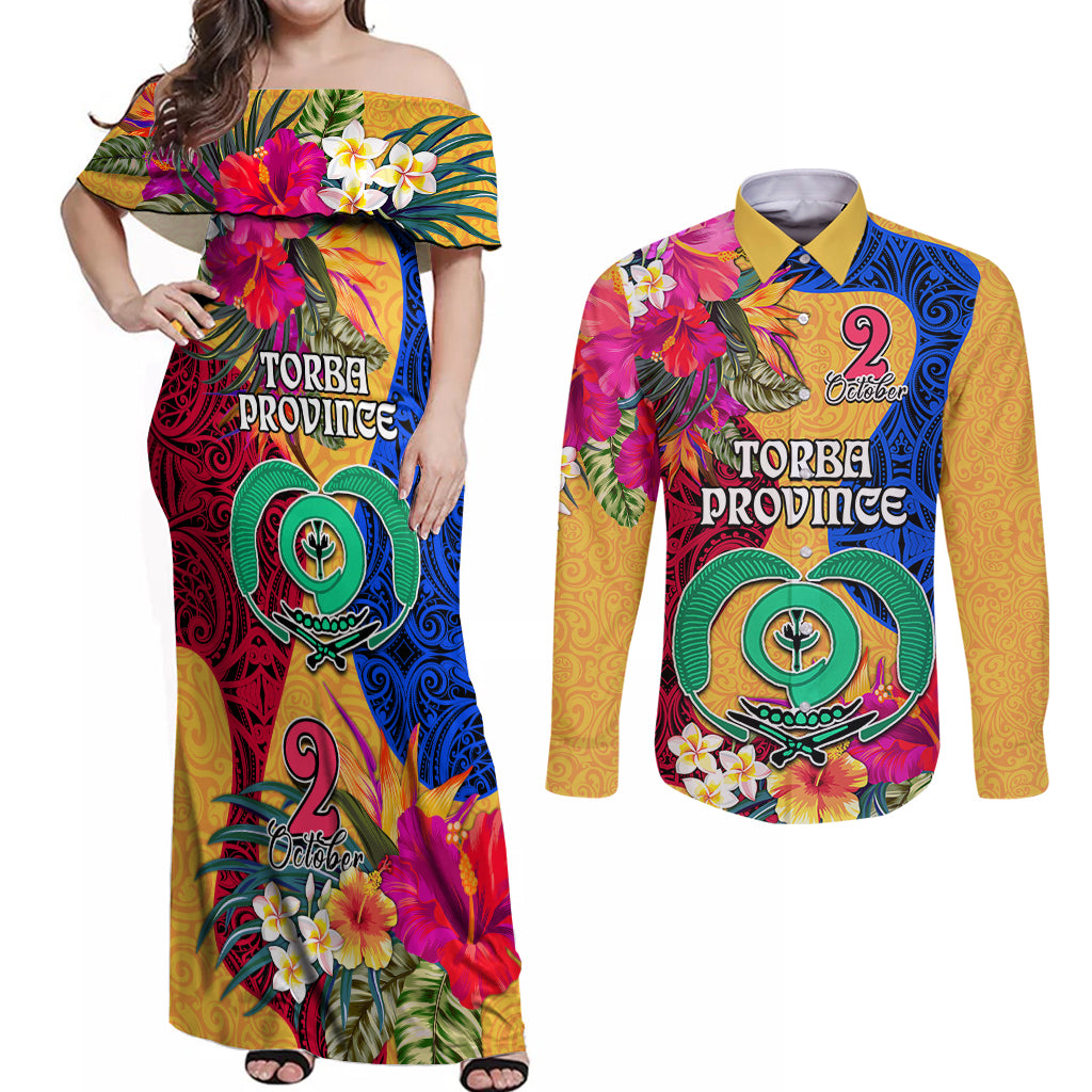 Personalised Torba Day Couples Matching Off Shoulder Maxi Dress and Long Sleeve Button Shirts Proud To Be A Ni-Van Beauty Pacific Flower LT03 Yellow - Polynesian Pride