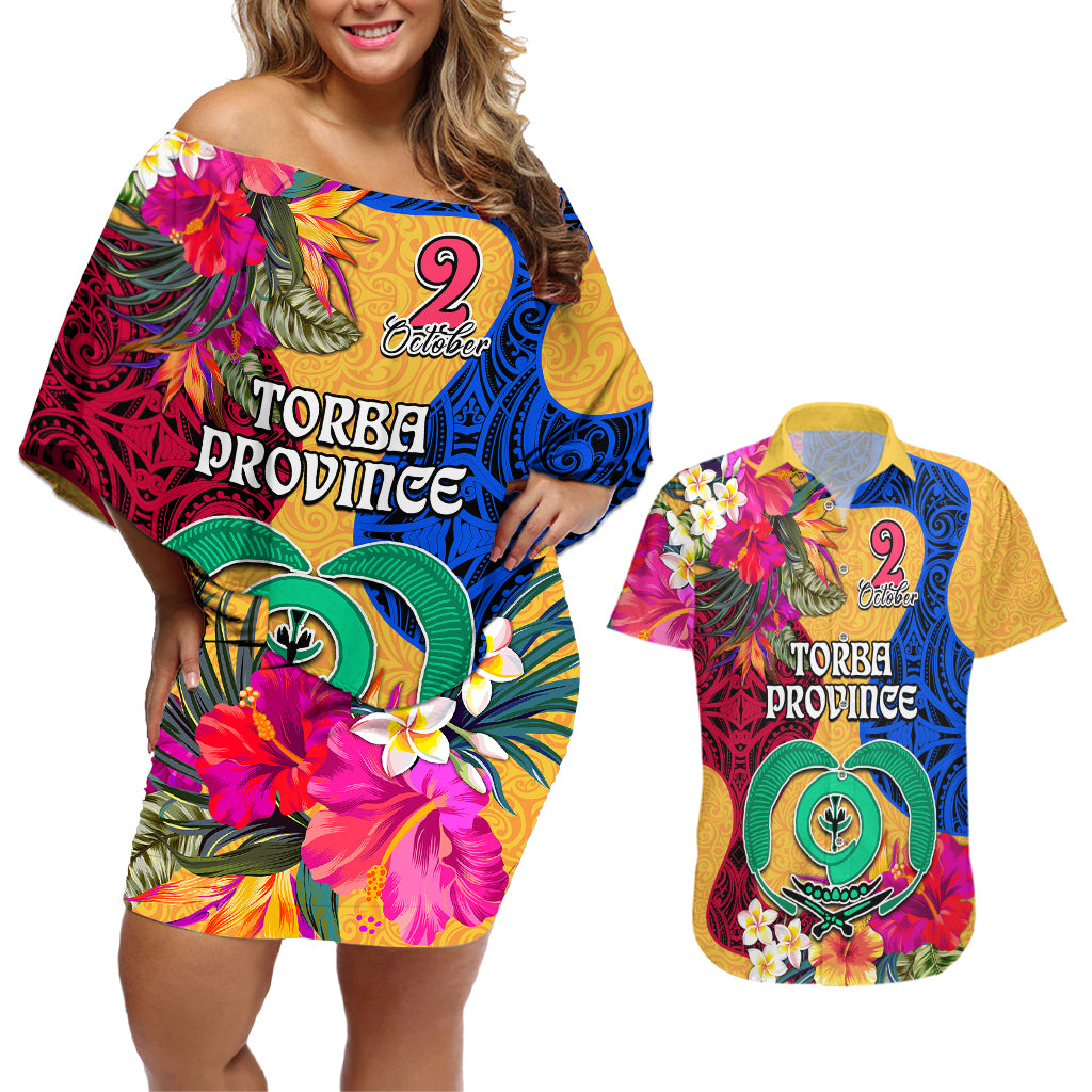 Personalised Torba Day Couples Matching Off Shoulder Short Dress and Hawaiian Shirt Proud To Be A Ni-Van Beauty Pacific Flower LT03 Yellow - Polynesian Pride