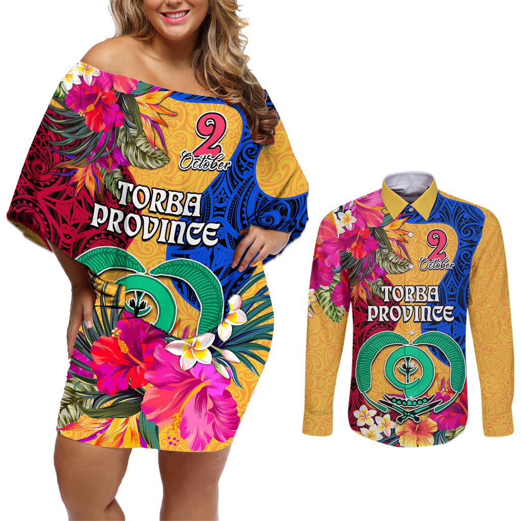 Personalised Torba Day Couples Matching Off Shoulder Short Dress and Long Sleeve Button Shirts Proud To Be A Ni-Van Beauty Pacific Flower LT03 Yellow - Polynesian Pride