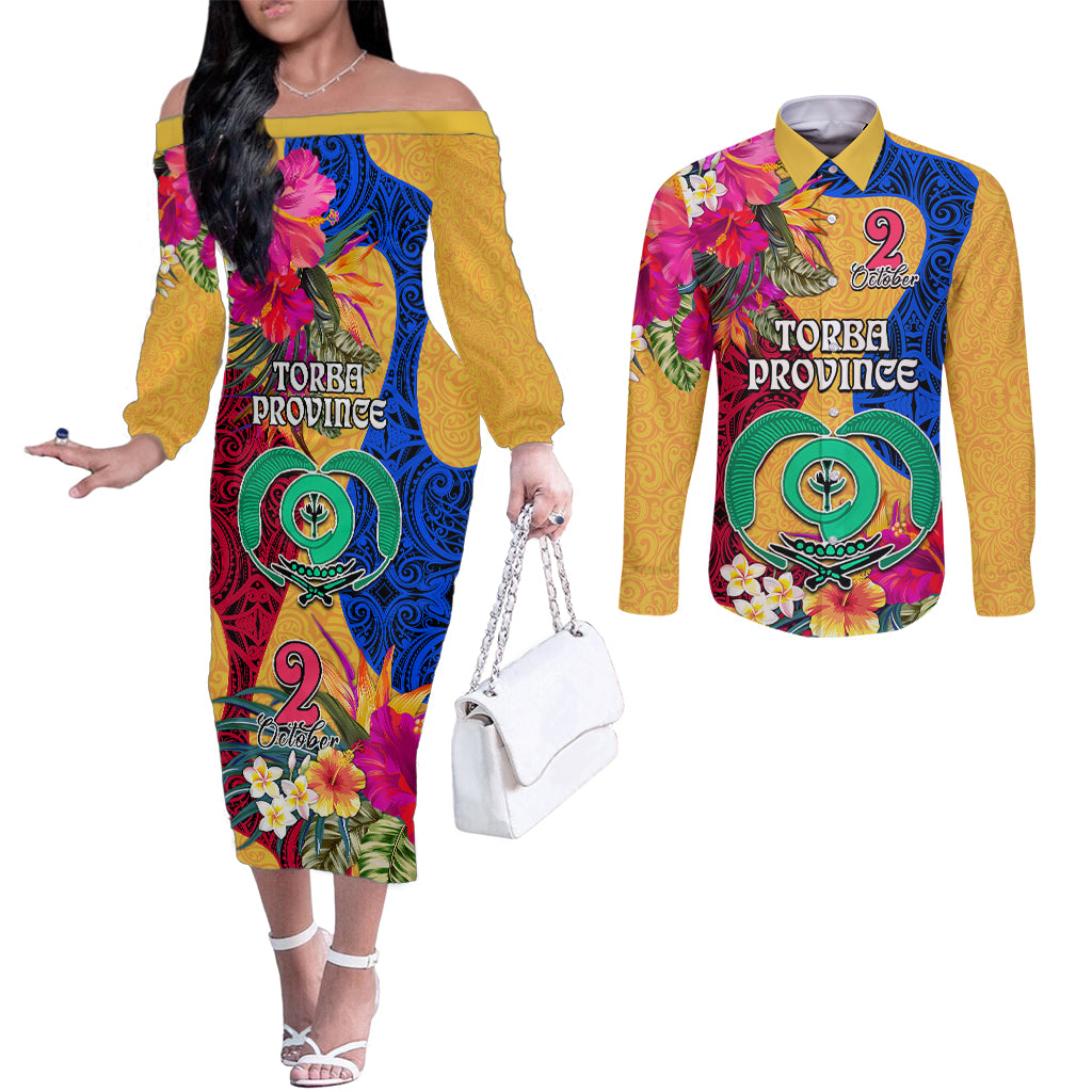 Personalised Torba Day Couples Matching Off The Shoulder Long Sleeve Dress and Long Sleeve Button Shirts Proud To Be A Ni-Van Beauty Pacific Flower LT03 Yellow - Polynesian Pride