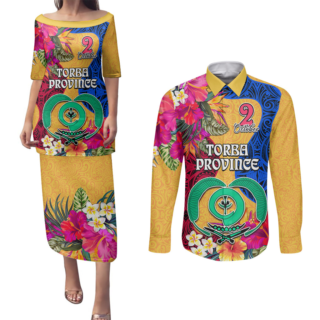 Personalised Torba Day Couples Matching Puletasi Dress and Long Sleeve Button Shirts Proud To Be A Ni-Van Beauty Pacific Flower LT03 Yellow - Polynesian Pride