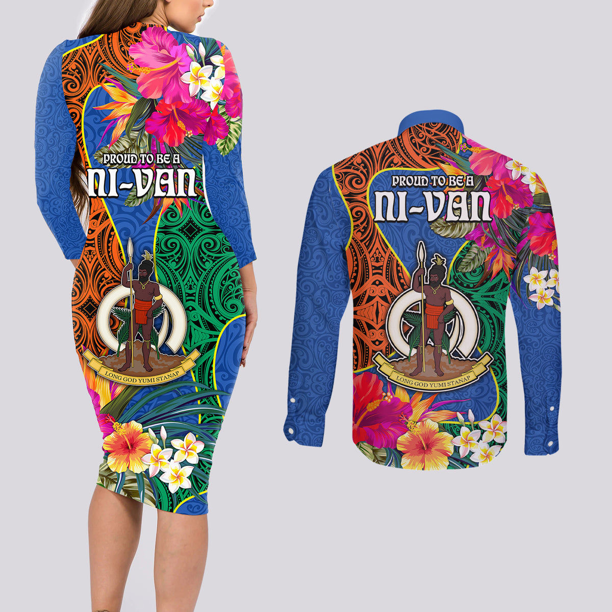 Tafea Day Couples Matching Long Sleeve Bodycon Dress and Long Sleeve Button Shirts Proud To Be A Ni-Van Beauty Pacific Flower LT03 - Polynesian Pride