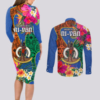 Tafea Day Couples Matching Long Sleeve Bodycon Dress and Long Sleeve Button Shirts Proud To Be A Ni-Van Beauty Pacific Flower LT03 - Polynesian Pride