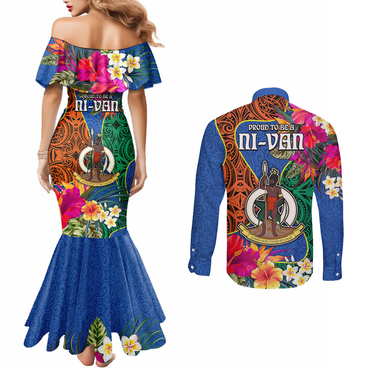 Tafea Day Couples Matching Mermaid Dress and Long Sleeve Button Shirts Proud To Be A Ni-Van Beauty Pacific Flower LT03 - Polynesian Pride