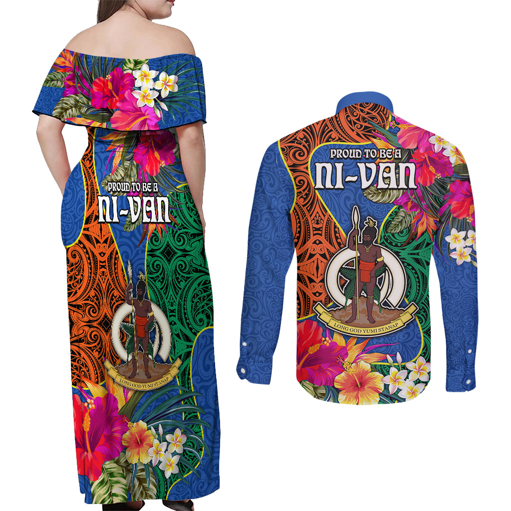Tafea Day Couples Matching Off Shoulder Maxi Dress and Long Sleeve Button Shirts Proud To Be A Ni-Van Beauty Pacific Flower LT03 - Polynesian Pride