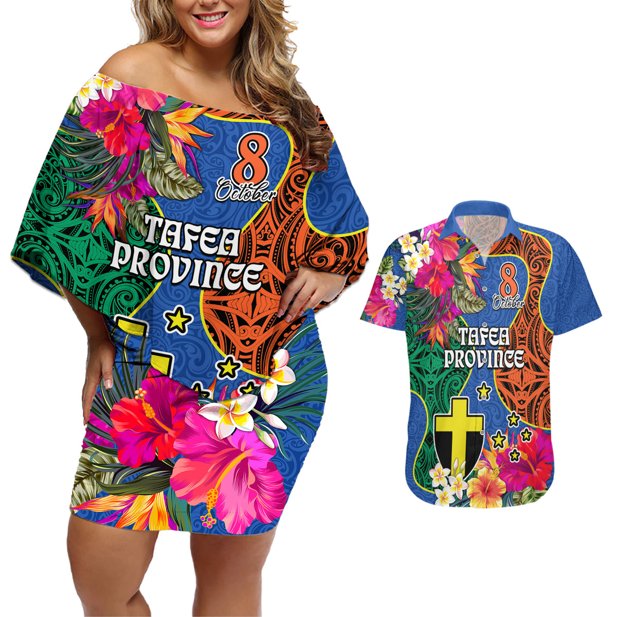 Tafea Day Couples Matching Off Shoulder Short Dress and Hawaiian Shirt Proud To Be A Ni-Van Beauty Pacific Flower LT03 Blue - Polynesian Pride