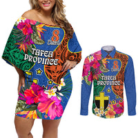 Tafea Day Couples Matching Off Shoulder Short Dress and Long Sleeve Button Shirts Proud To Be A Ni-Van Beauty Pacific Flower LT03 Blue - Polynesian Pride