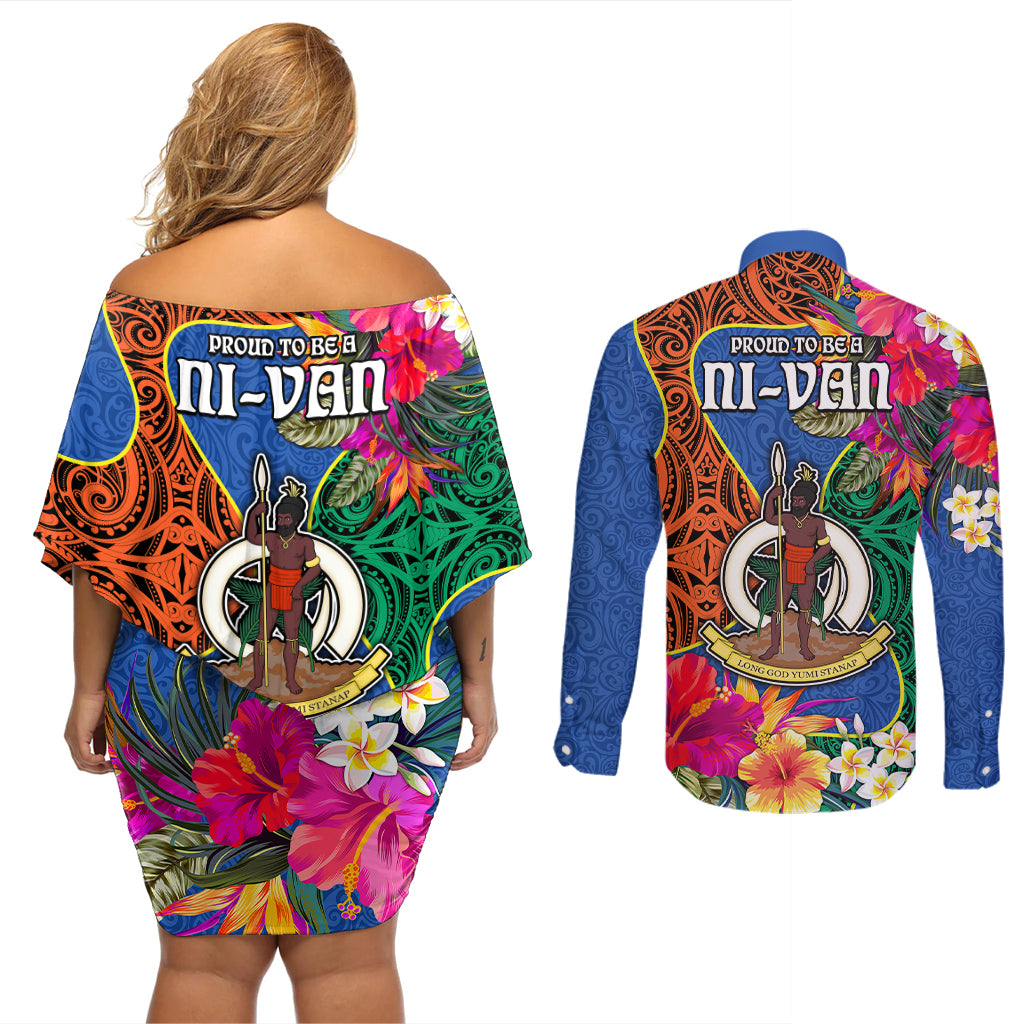 Tafea Day Couples Matching Off Shoulder Short Dress and Long Sleeve Button Shirts Proud To Be A Ni-Van Beauty Pacific Flower LT03 - Polynesian Pride