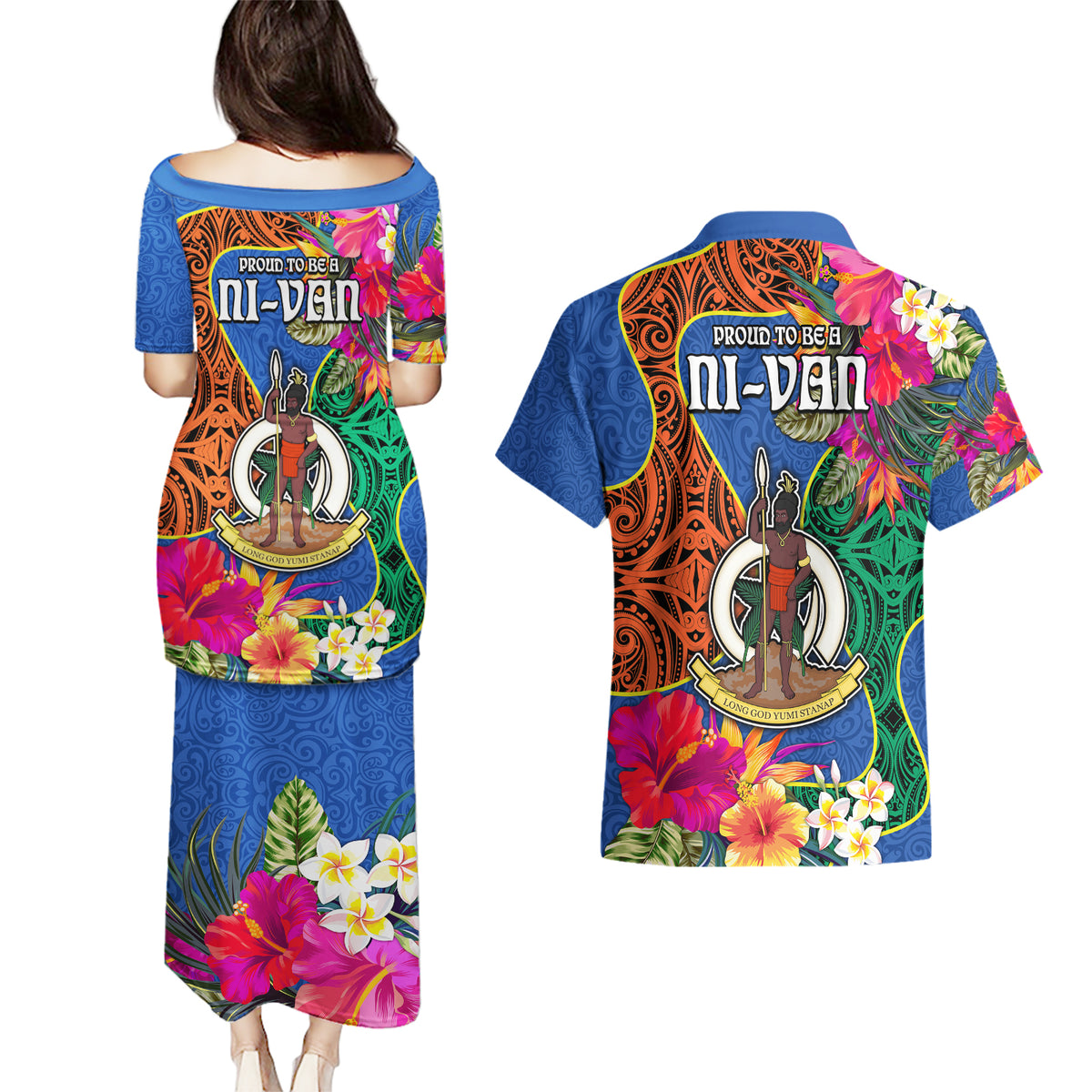 Tafea Day Couples Matching Puletasi Dress and Hawaiian Shirt Proud To Be A Ni-Van Beauty Pacific Flower LT03 - Polynesian Pride