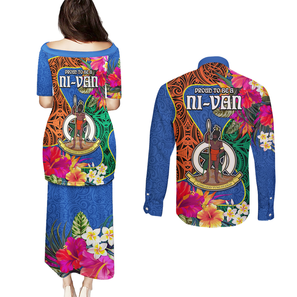 Tafea Day Couples Matching Puletasi Dress and Long Sleeve Button Shirts Proud To Be A Ni-Van Beauty Pacific Flower LT03 - Polynesian Pride