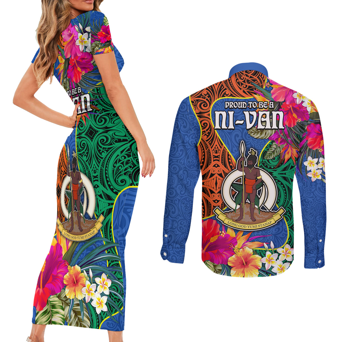 Tafea Day Couples Matching Short Sleeve Bodycon Dress and Long Sleeve Button Shirts Proud To Be A Ni-Van Beauty Pacific Flower LT03 - Polynesian Pride