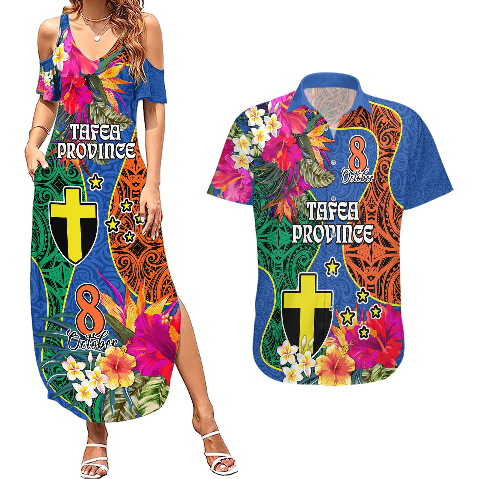 Tafea Day Couples Matching Summer Maxi Dress and Hawaiian Shirt Proud To Be A Ni-Van Beauty Pacific Flower LT03 Blue - Polynesian Pride