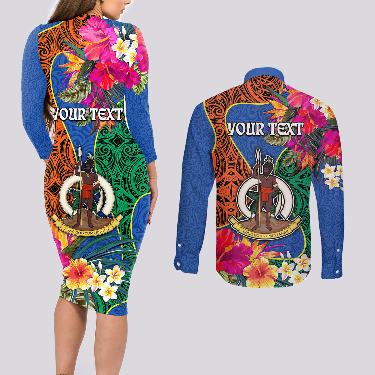 Personalised Tafea Day Couples Matching Long Sleeve Bodycon Dress and Long Sleeve Button Shirts Proud To Be A Ni-Van Beauty Pacific Flower LT03 - Polynesian Pride