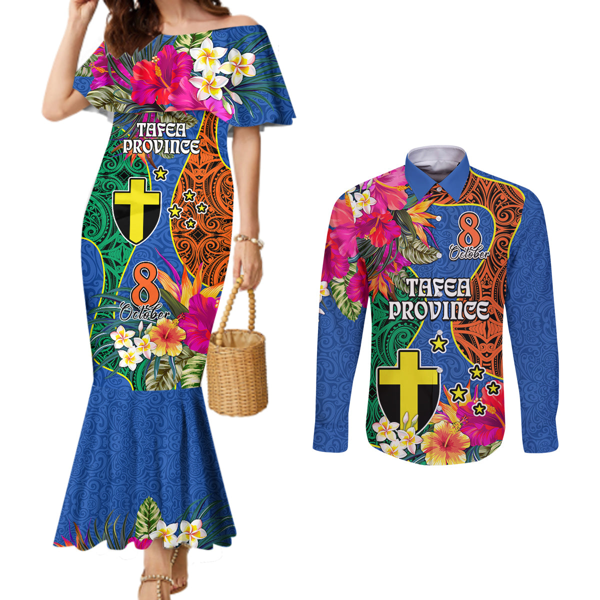 Personalised Tafea Day Couples Matching Mermaid Dress and Long Sleeve Button Shirts Proud To Be A Ni-Van Beauty Pacific Flower LT03 Blue - Polynesian Pride