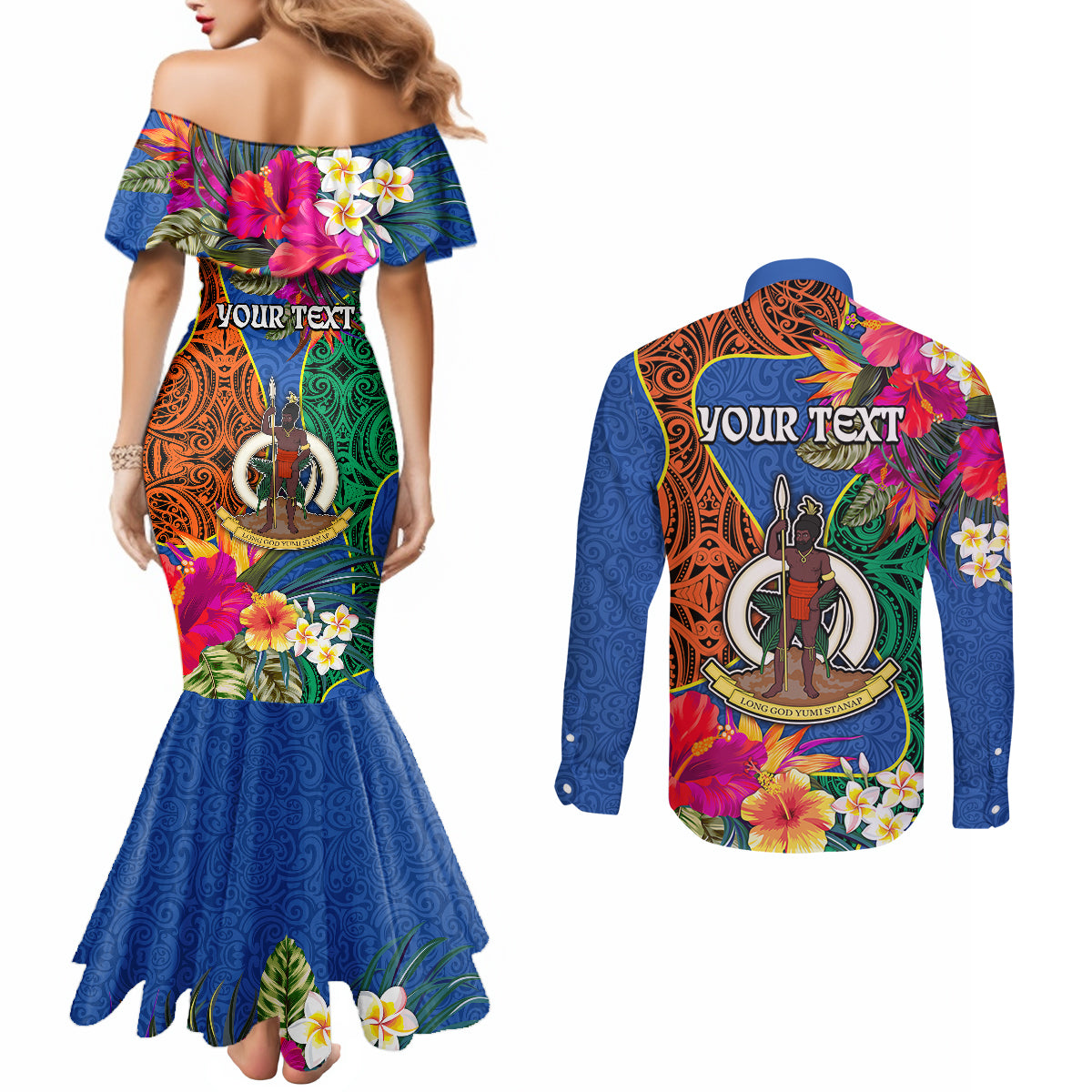 Personalised Tafea Day Couples Matching Mermaid Dress and Long Sleeve Button Shirts Proud To Be A Ni-Van Beauty Pacific Flower LT03 - Polynesian Pride