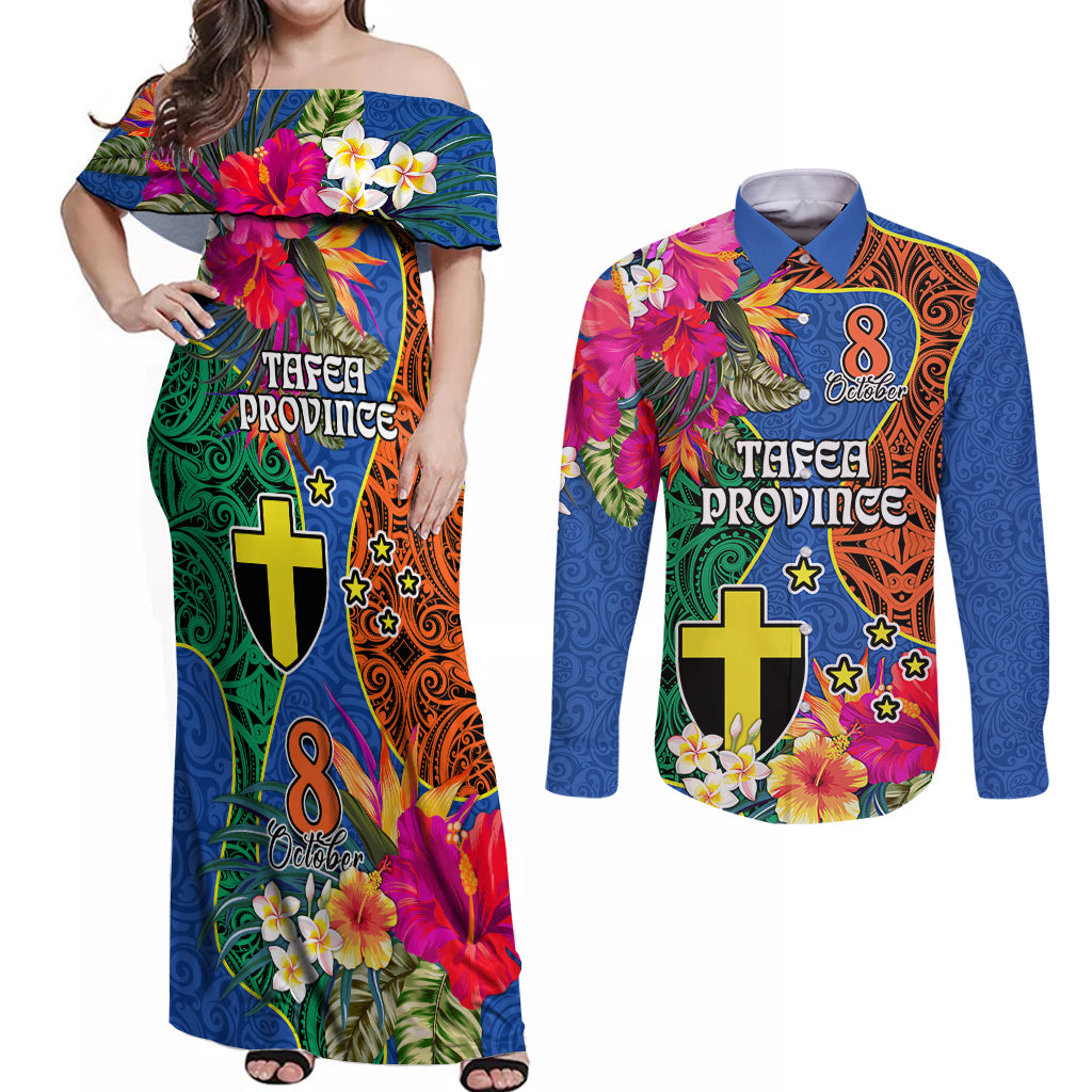 Personalised Tafea Day Couples Matching Off Shoulder Maxi Dress and Long Sleeve Button Shirts Proud To Be A Ni-Van Beauty Pacific Flower LT03 Blue - Polynesian Pride