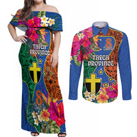 Personalised Tafea Day Couples Matching Off Shoulder Maxi Dress and Long Sleeve Button Shirts Proud To Be A Ni-Van Beauty Pacific Flower LT03 Blue - Polynesian Pride