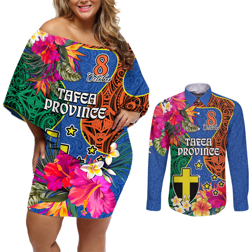 Personalised Tafea Day Couples Matching Off Shoulder Short Dress and Long Sleeve Button Shirts Proud To Be A Ni-Van Beauty Pacific Flower LT03 Blue - Polynesian Pride