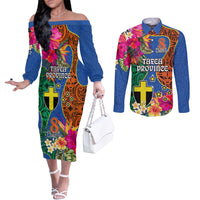 Personalised Tafea Day Couples Matching Off The Shoulder Long Sleeve Dress and Long Sleeve Button Shirts Proud To Be A Ni-Van Beauty Pacific Flower LT03 Blue - Polynesian Pride