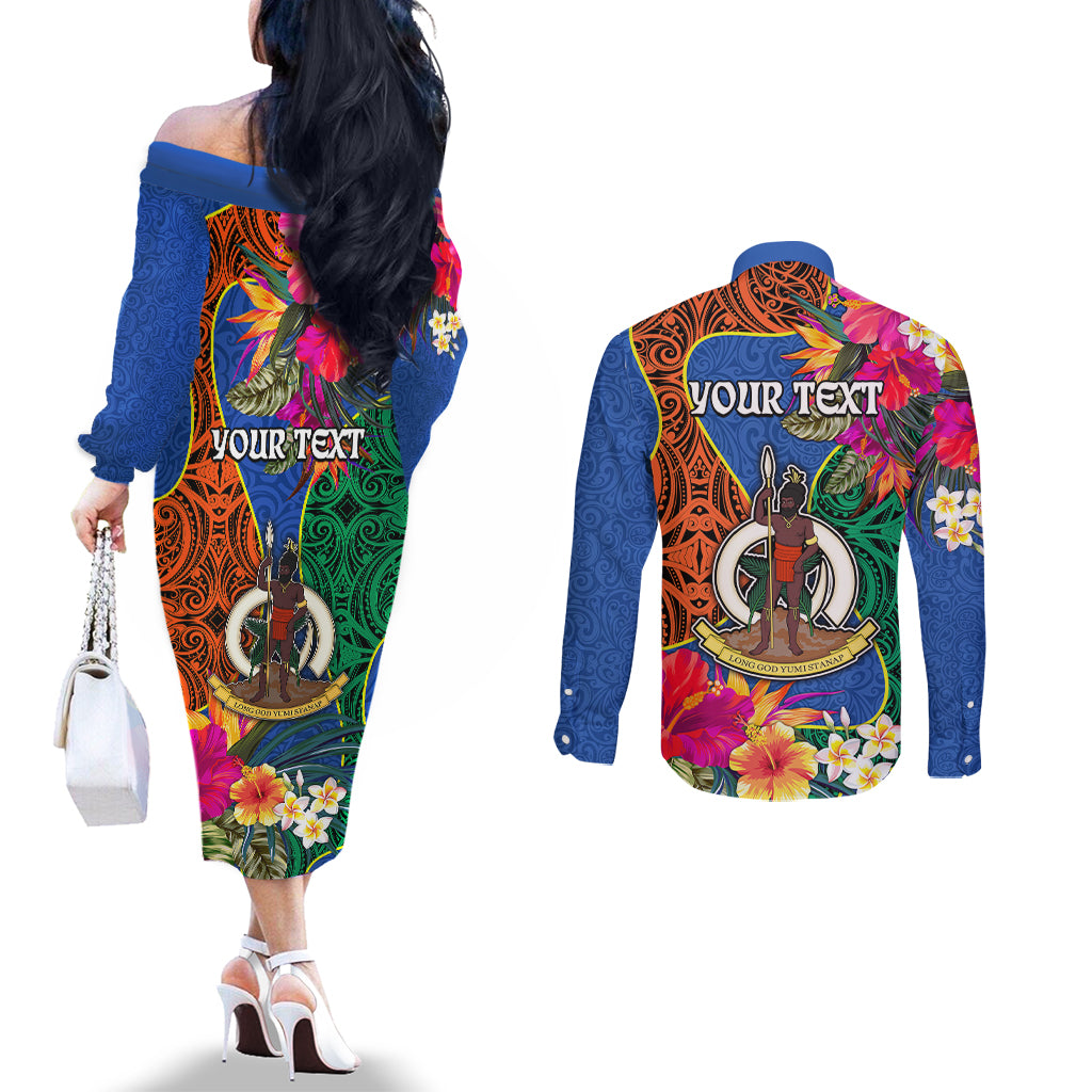 Personalised Tafea Day Couples Matching Off The Shoulder Long Sleeve Dress and Long Sleeve Button Shirts Proud To Be A Ni-Van Beauty Pacific Flower LT03 - Polynesian Pride