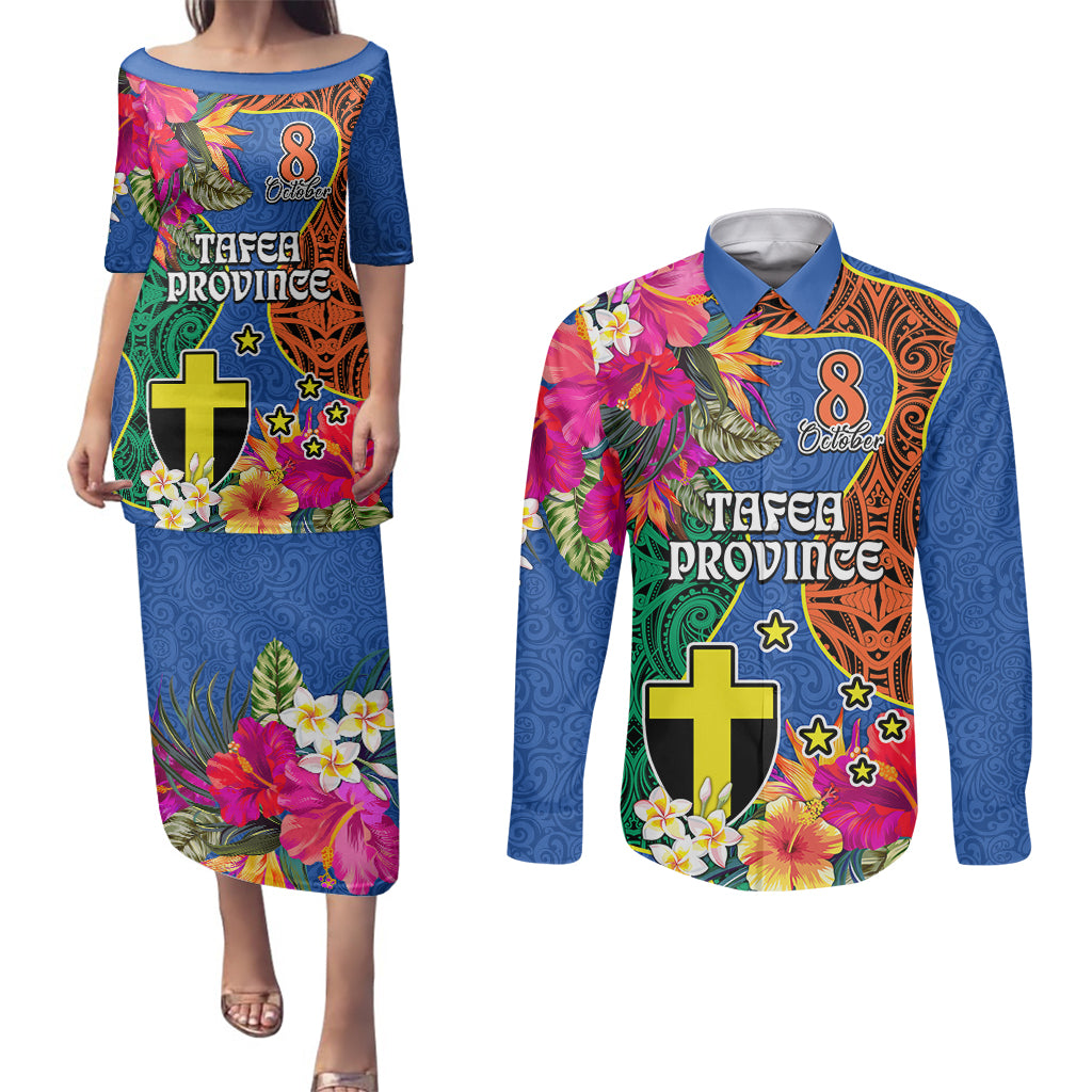 Personalised Tafea Day Couples Matching Puletasi Dress and Long Sleeve Button Shirts Proud To Be A Ni-Van Beauty Pacific Flower LT03 Blue - Polynesian Pride