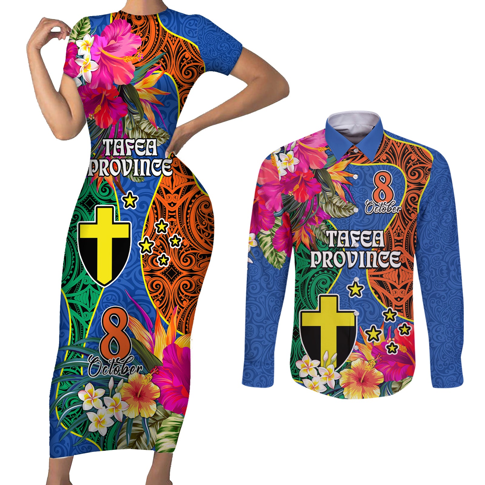 Personalised Tafea Day Couples Matching Short Sleeve Bodycon Dress and Long Sleeve Button Shirts Proud To Be A Ni-Van Beauty Pacific Flower LT03 Blue - Polynesian Pride