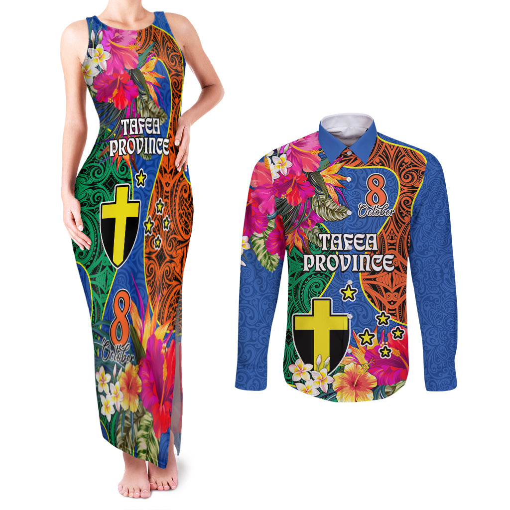 Personalised Tafea Day Couples Matching Tank Maxi Dress and Long Sleeve Button Shirts Proud To Be A Ni-Van Beauty Pacific Flower LT03 Blue - Polynesian Pride
