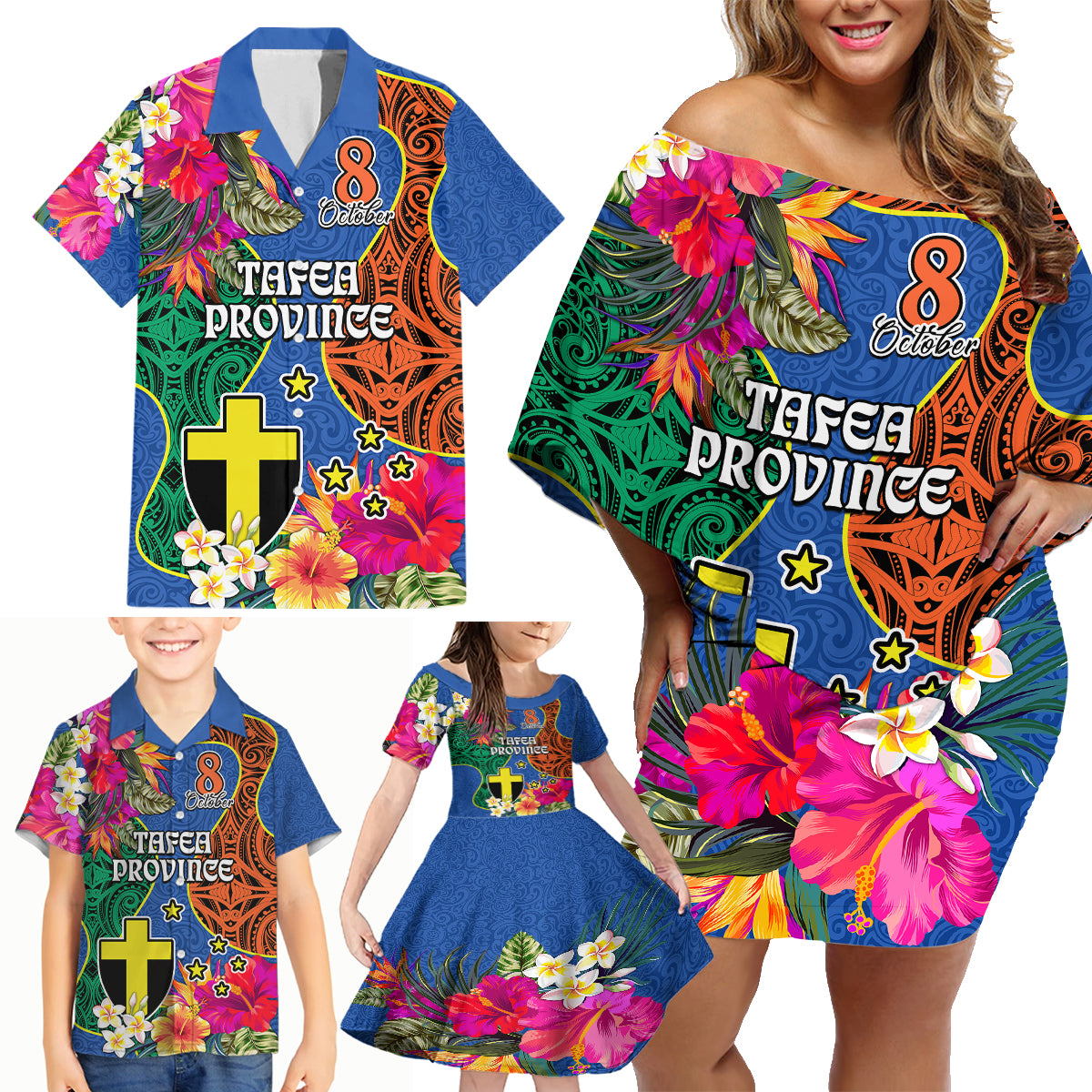 Personalised Tafea Day Family Matching Off Shoulder Short Dress and Hawaiian Shirt Proud To Be A Ni-Van Beauty Pacific Flower LT03 Blue - Polynesian Pride