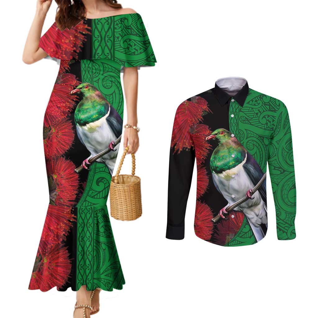 New Zealand Kereru And Pohutukawa Couples Matching Mermaid Dress and Long Sleeve Button Shirt Maori Tribal Tattoo LT03 Black - Polynesian Pride
