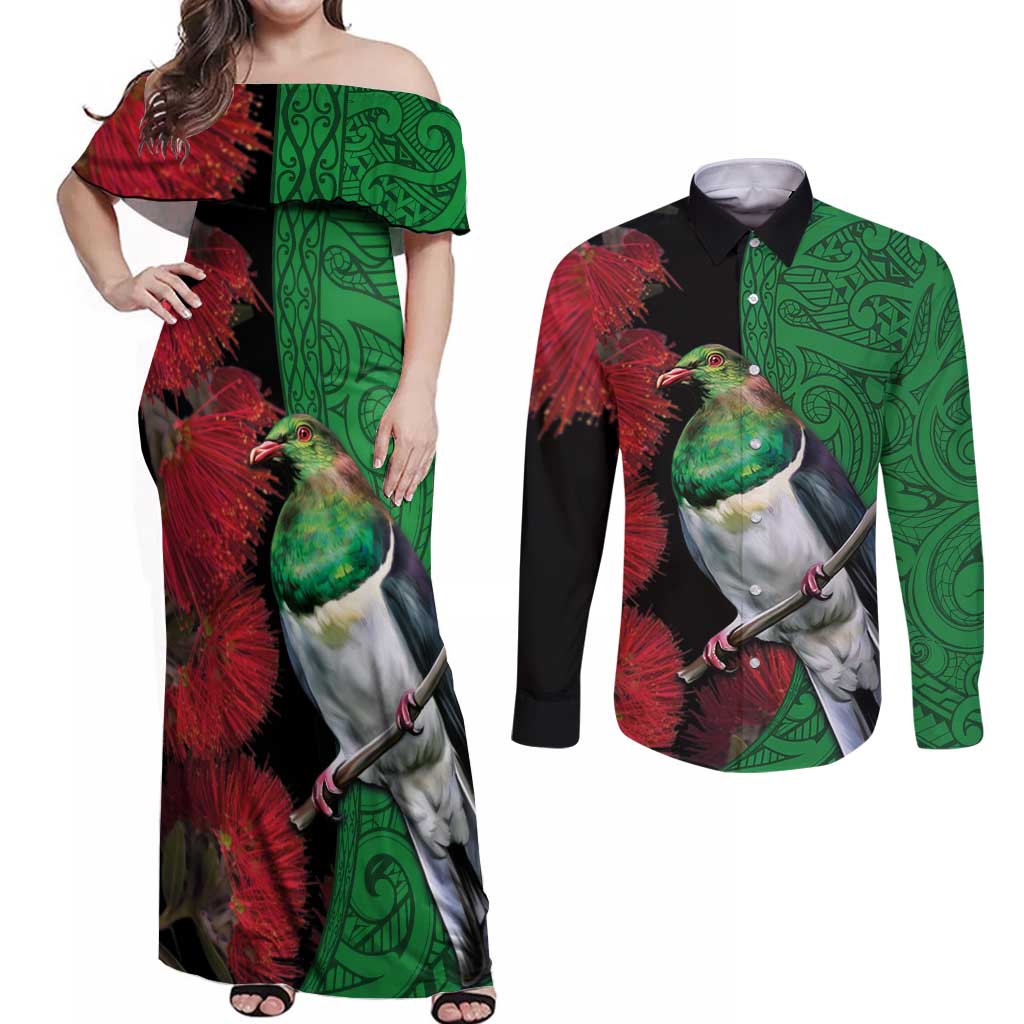 New Zealand Kereru And Pohutukawa Couples Matching Off Shoulder Maxi Dress and Long Sleeve Button Shirt Maori Tribal Tattoo LT03 Black - Polynesian Pride