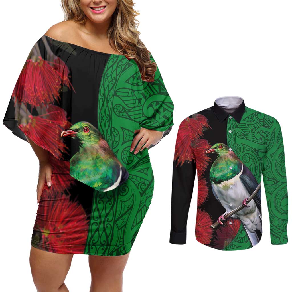 New Zealand Kereru And Pohutukawa Couples Matching Off Shoulder Short Dress and Long Sleeve Button Shirt Maori Tribal Tattoo LT03 Black - Polynesian Pride
