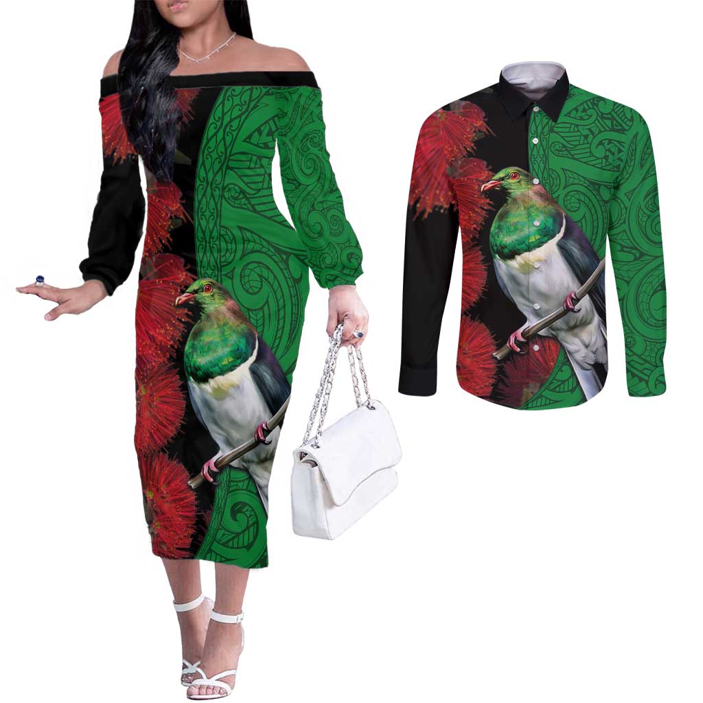 New Zealand Kereru And Pohutukawa Couples Matching Off The Shoulder Long Sleeve Dress and Long Sleeve Button Shirt Maori Tribal Tattoo LT03 Black - Polynesian Pride