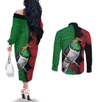 New Zealand Kereru And Pohutukawa Couples Matching Off The Shoulder Long Sleeve Dress and Long Sleeve Button Shirt Maori Tribal Tattoo
