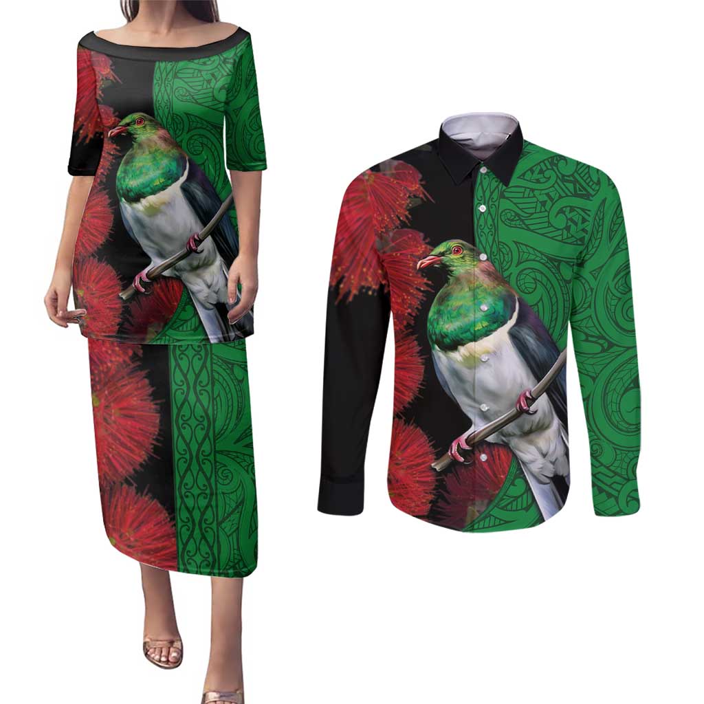 New Zealand Kereru And Pohutukawa Couples Matching Puletasi and Long Sleeve Button Shirt Maori Tribal Tattoo LT03 Black - Polynesian Pride