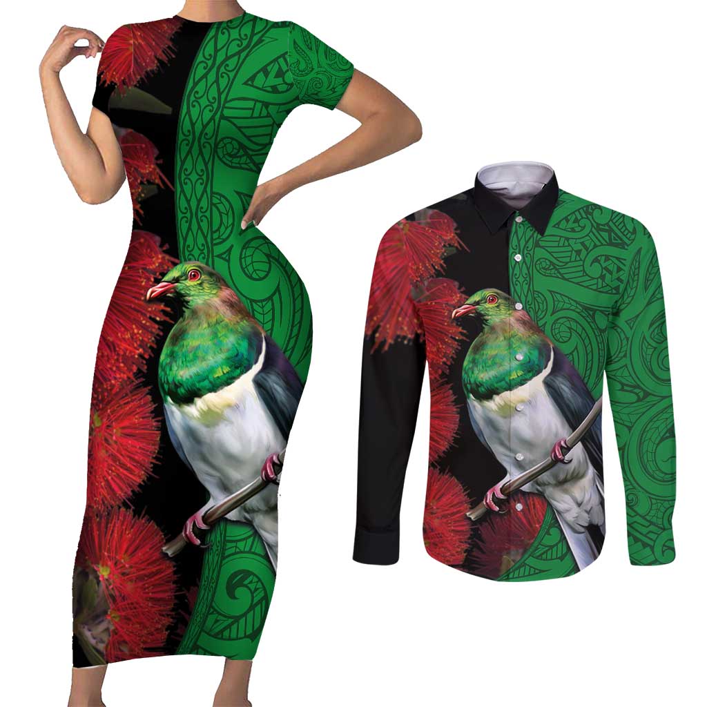 New Zealand Kereru And Pohutukawa Couples Matching Short Sleeve Bodycon Dress and Long Sleeve Button Shirt Maori Tribal Tattoo LT03 Black - Polynesian Pride