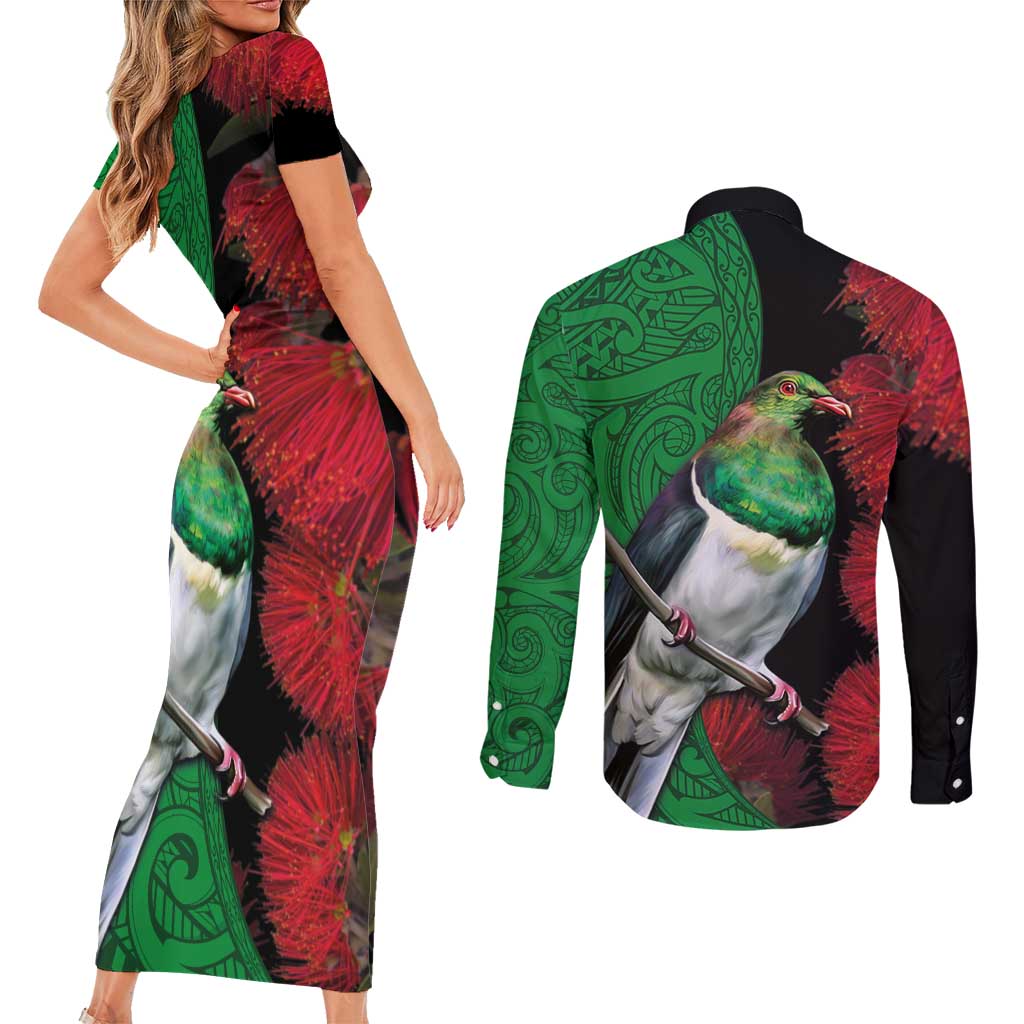 New Zealand Kereru And Pohutukawa Couples Matching Short Sleeve Bodycon Dress and Long Sleeve Button Shirt Maori Tribal Tattoo